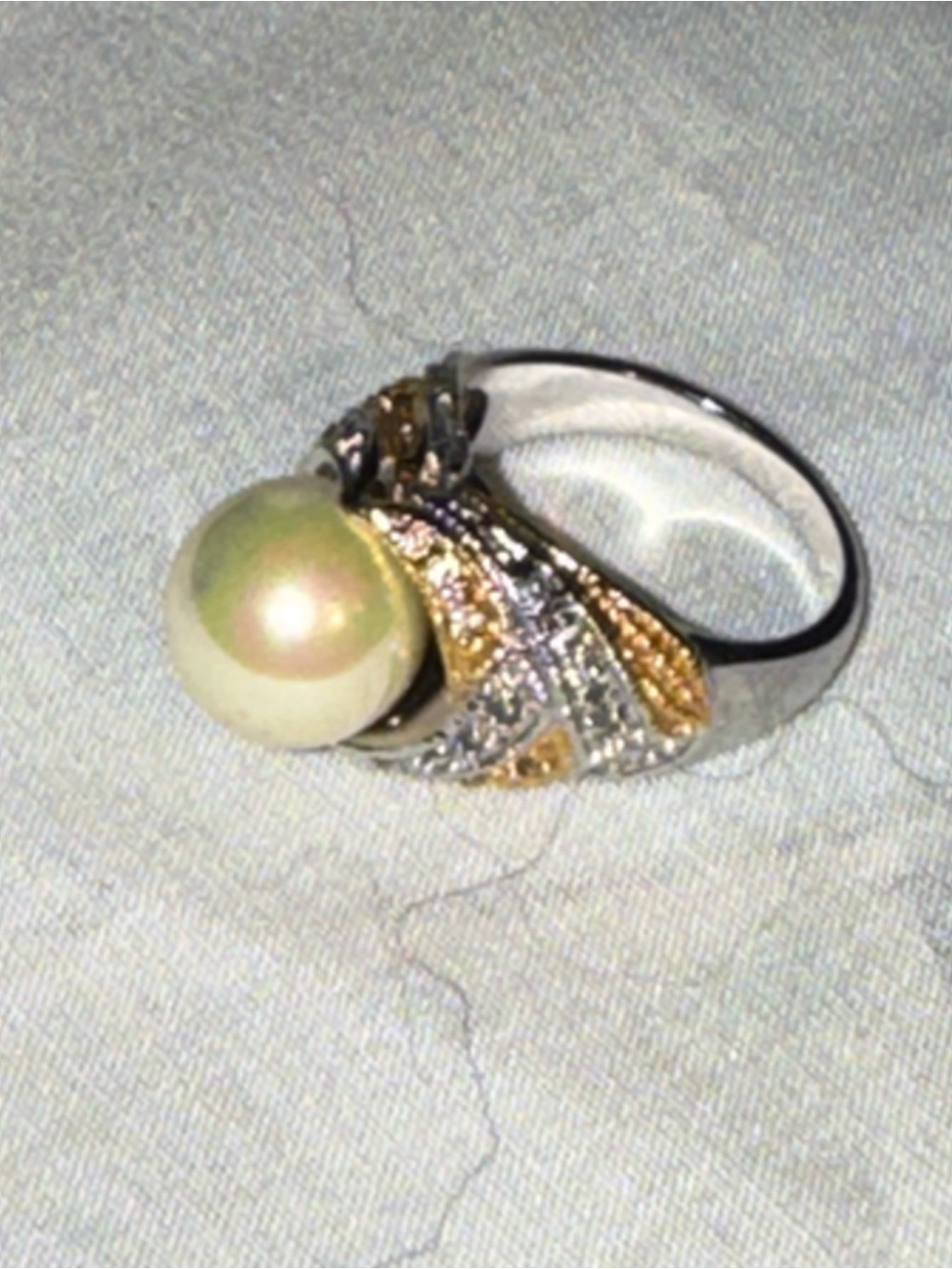 Stunning 925 Sterling Silver Two-Tone Pearl & CZ Statement Cocktail